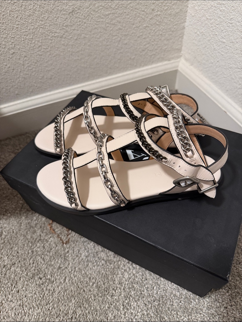 Coach Cream Leather Multi-Chain Flat Sandals - Picture 3 of 6